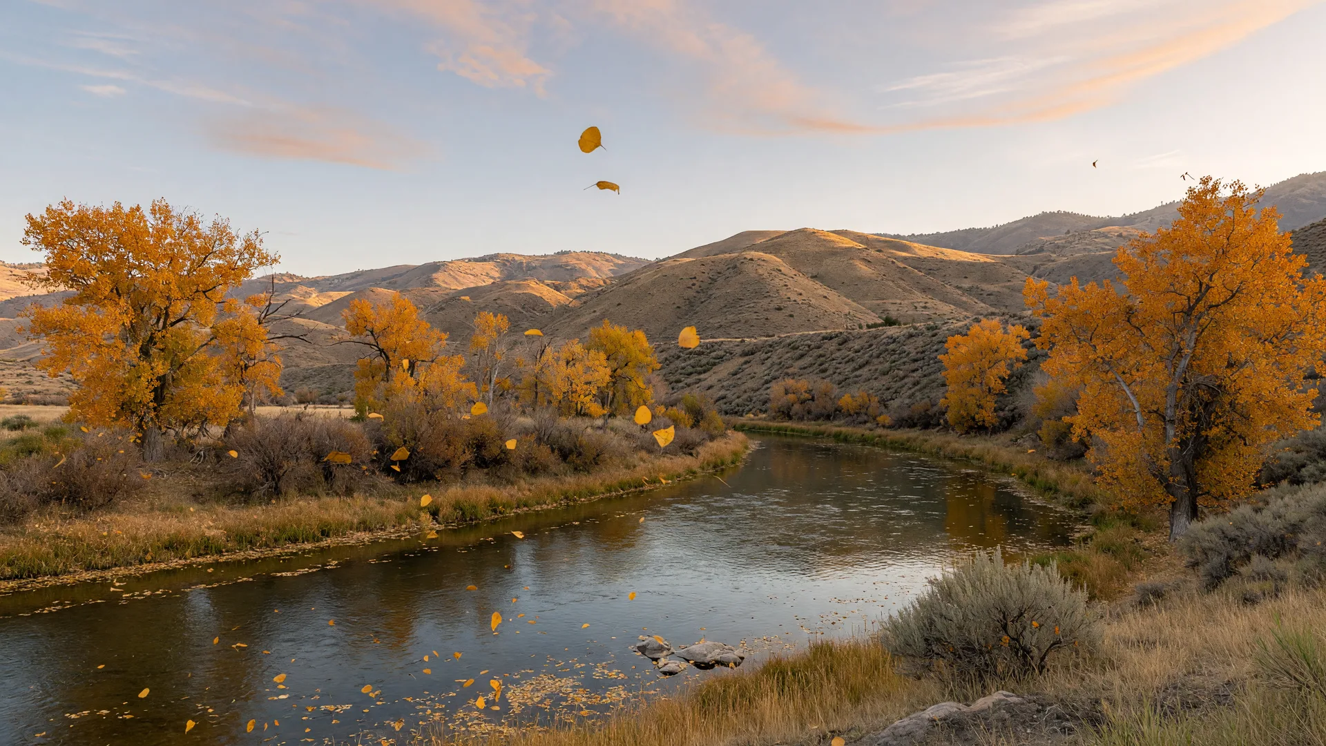 Illustrative image of autumn cottonwoods along the Boise River with the Treasure Valley foothills in the distance