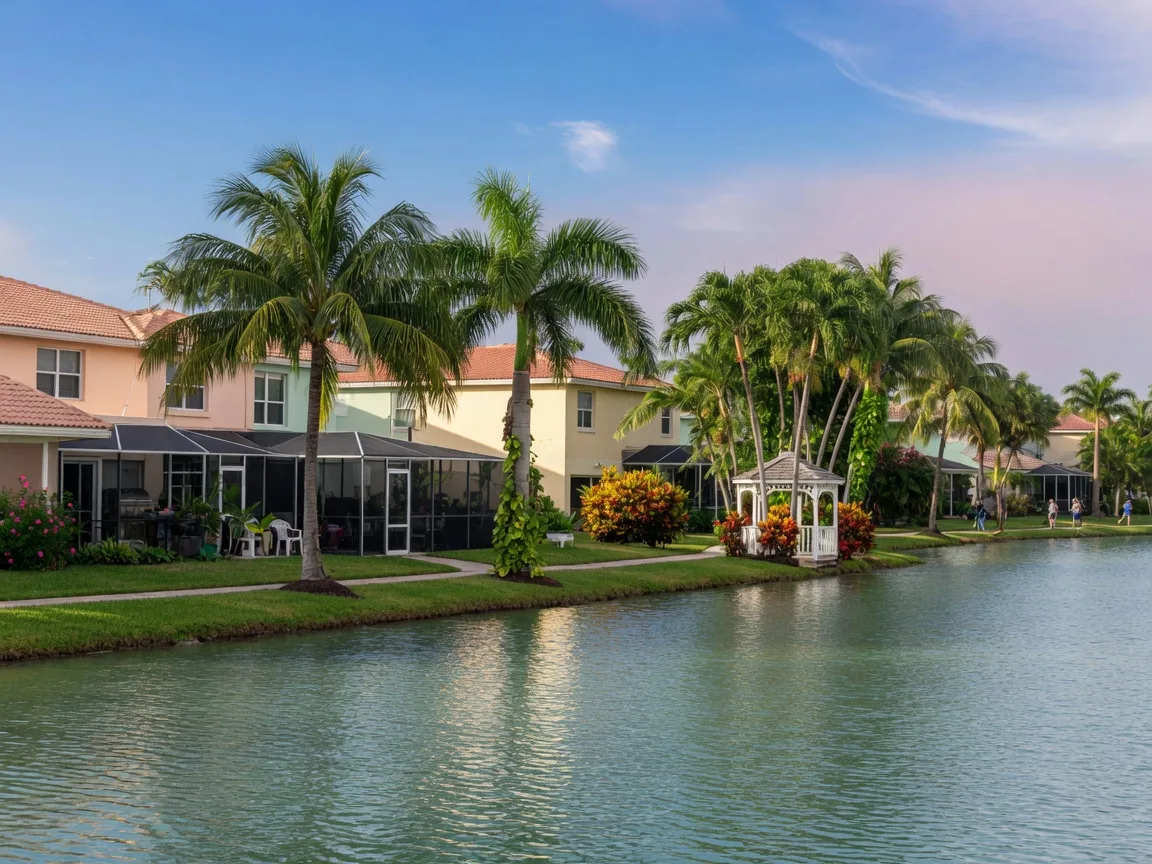 A Tamarac lakeside community on a sunny morning, with a shimmering lake, palms, a manicured shoreline path, and homes with screened patios