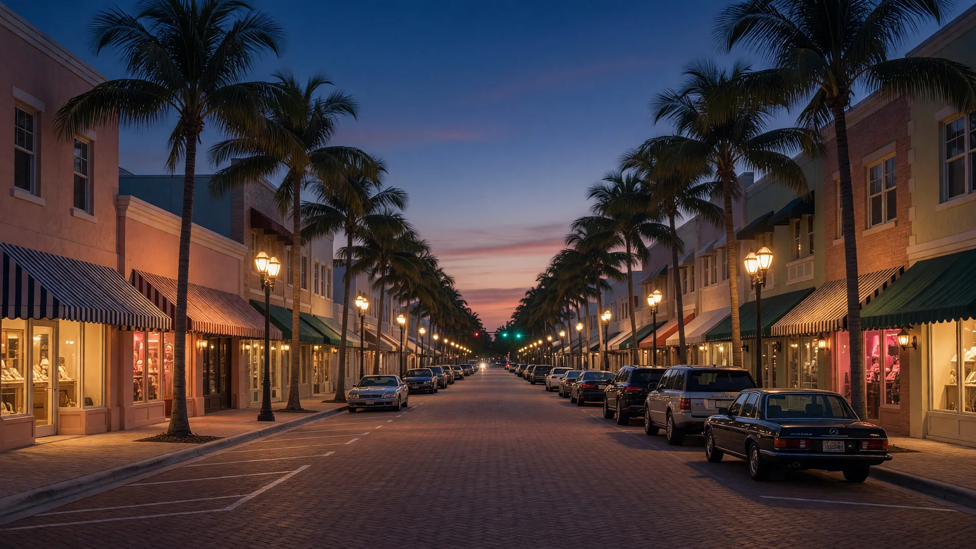 Atlantic Avenue in downtown Delray Beach at dusk