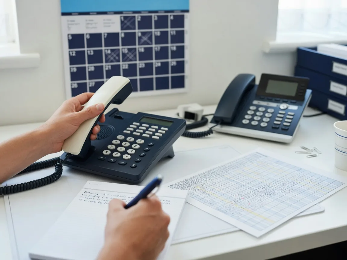 Professional making a documented follow-up call with a tracker sheet and notes on the desk.