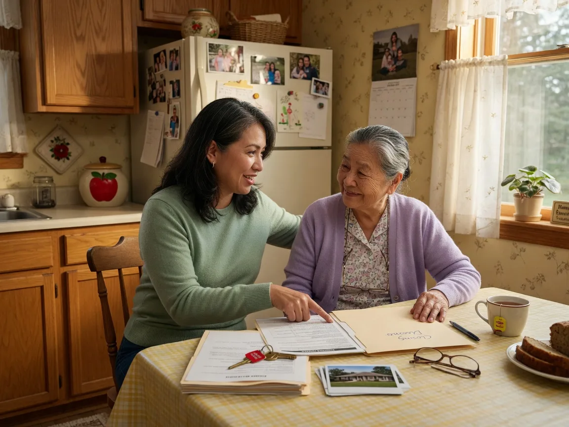 An adult daughter and her mother sitting together at a kitchen table in a bright Northwest Indiana home, looking over real estate documents and a house key