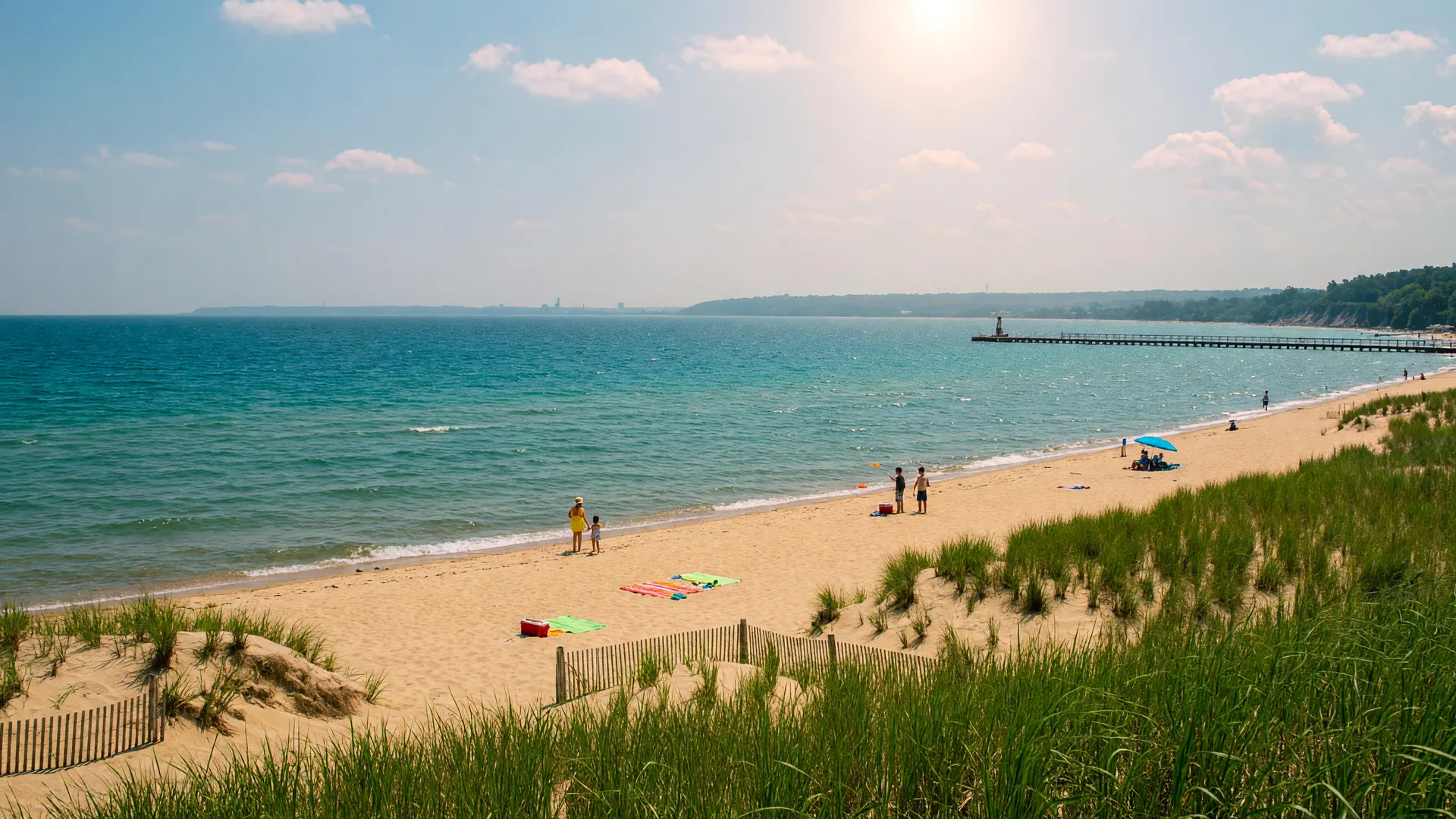 Bright summer afternoon at a Lake Michigan beach in Northwest Indiana with blue-green water, sandy shoreline, green dune grasses, and a hazy blue sky with soft white clouds