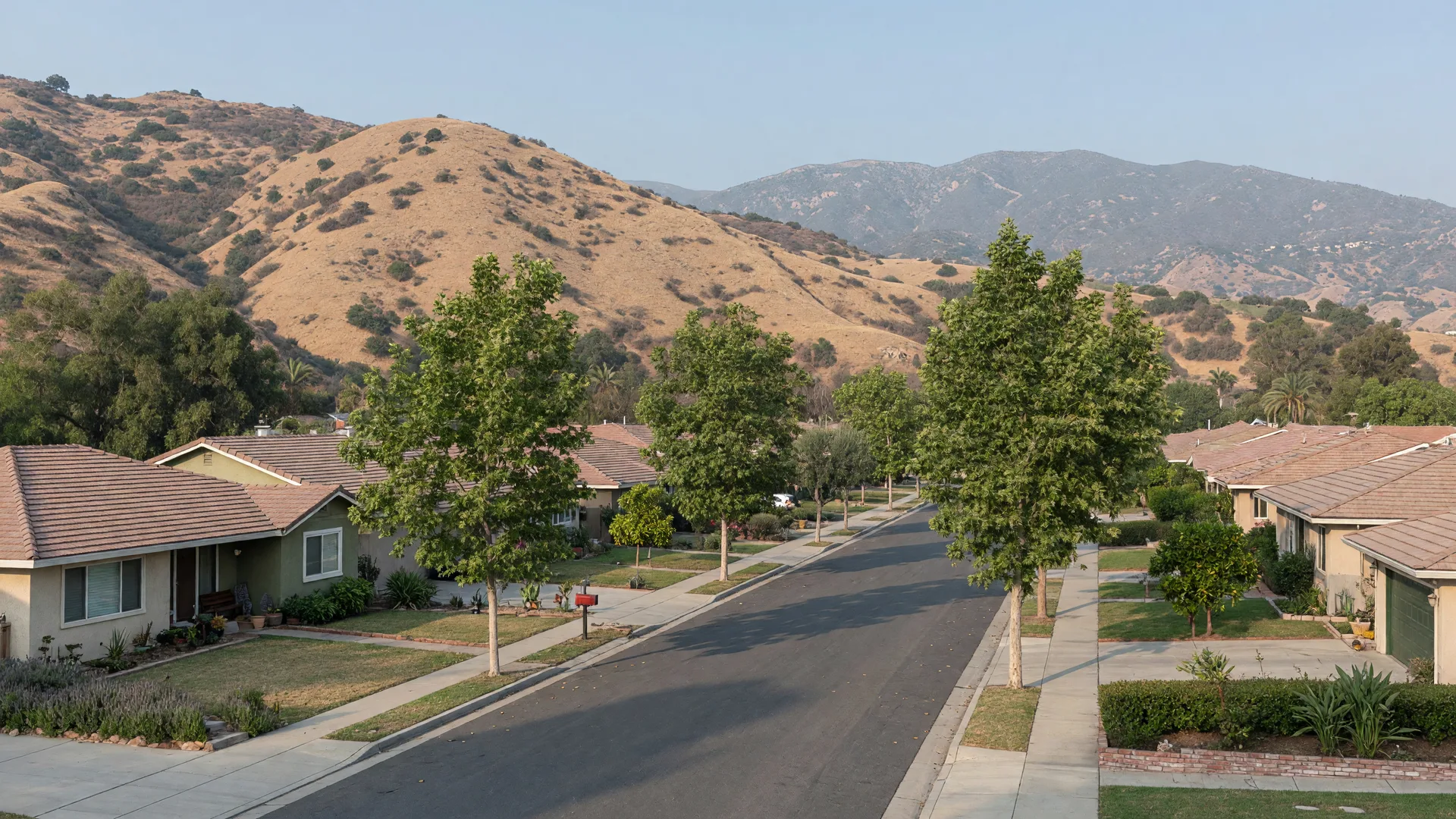 Quiet tree-lined Southern California foothill street with single-family homes and mountain views