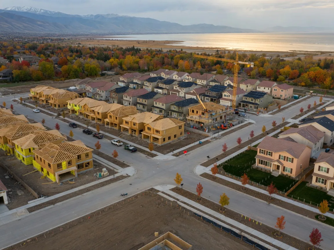 Aerial view of an active new-construction master-planned community in Utah County in mid-October with homes in framing and finishing stages, cranes, and Utah Lake in the distance