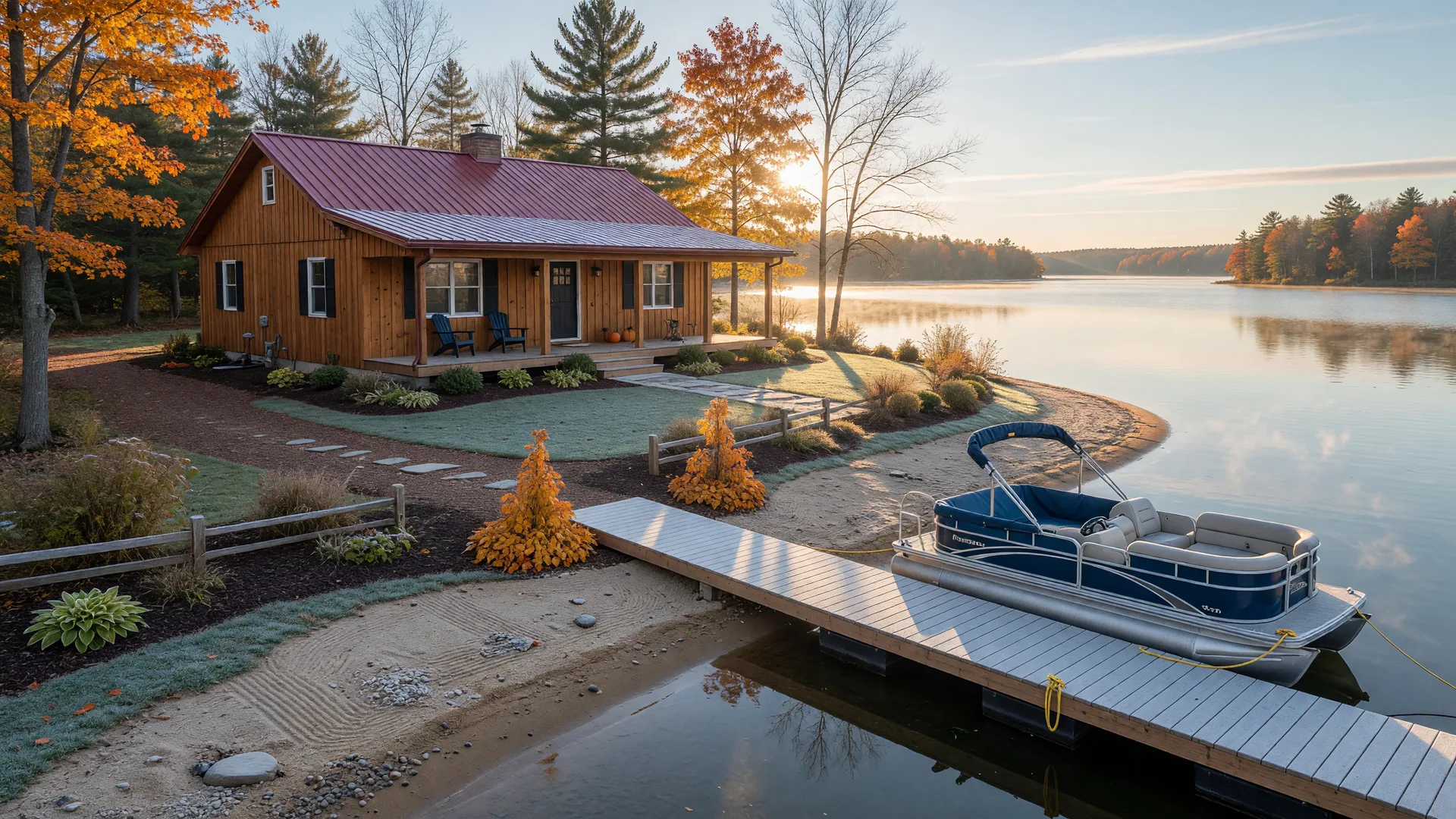 A freshly prepared, show-ready lake home on a Brainerd Lakes Area shoreline in crisp late-fall morning light, with a clean dock, raked sandy shoreline, and golden sun on calm water