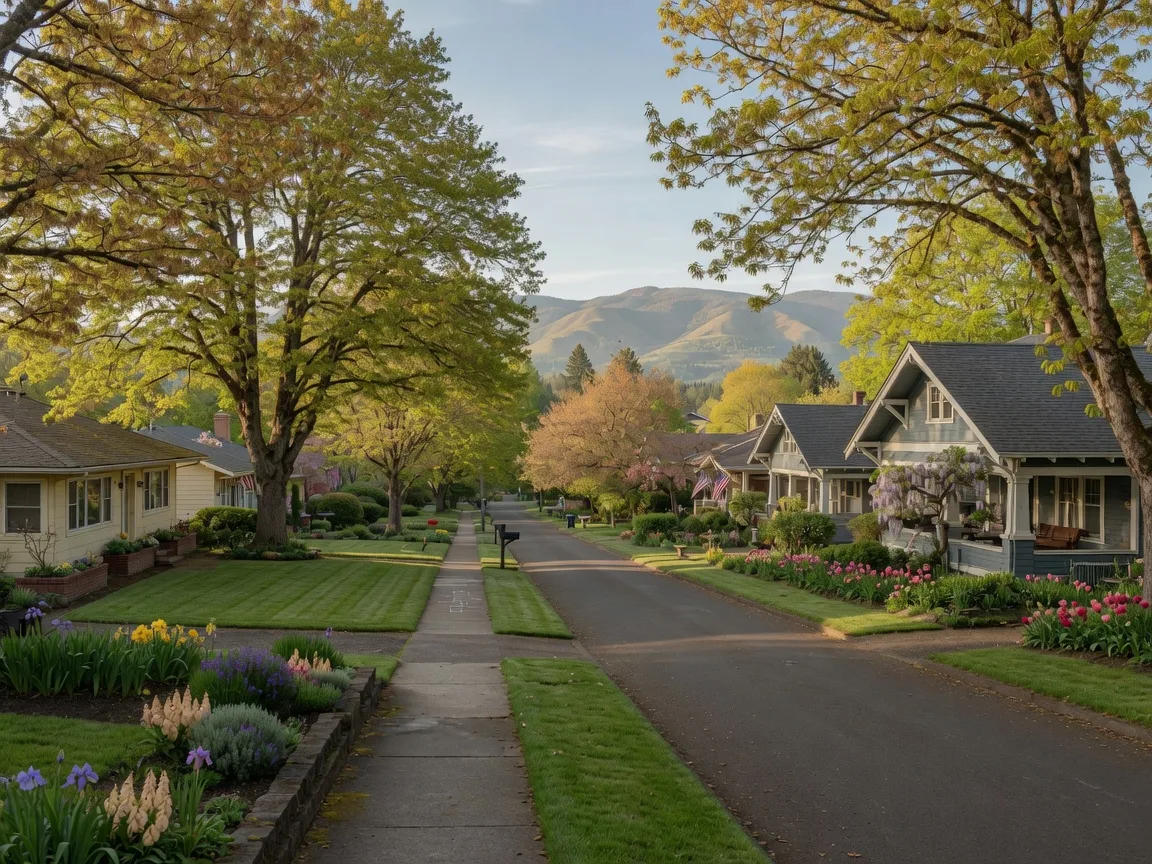 A quiet, tree-lined residential street in a well-established Salem, Oregon neighborhood