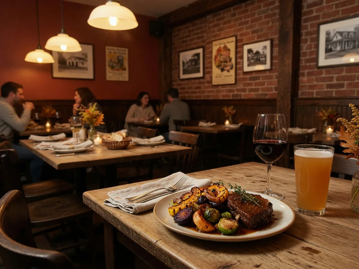 Warm farm-to-table dining room at The Farm and Fisherman Tavern with a seasonal dish, glass of wine, and craft beer under soft pendant light