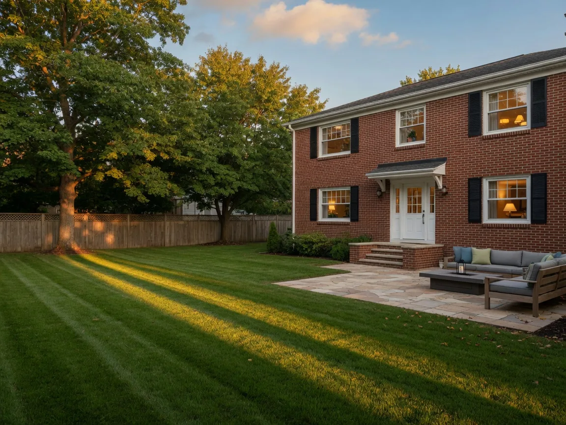Backyard lawn and stone patio at golden hour