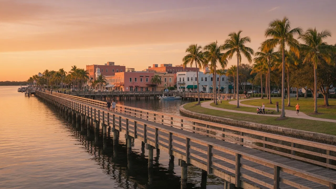 The Bradenton Riverwalk stretching along the Manatee River at golden hour, with a wooden pier, waterfront park, palm trees, and the downtown skyline behind