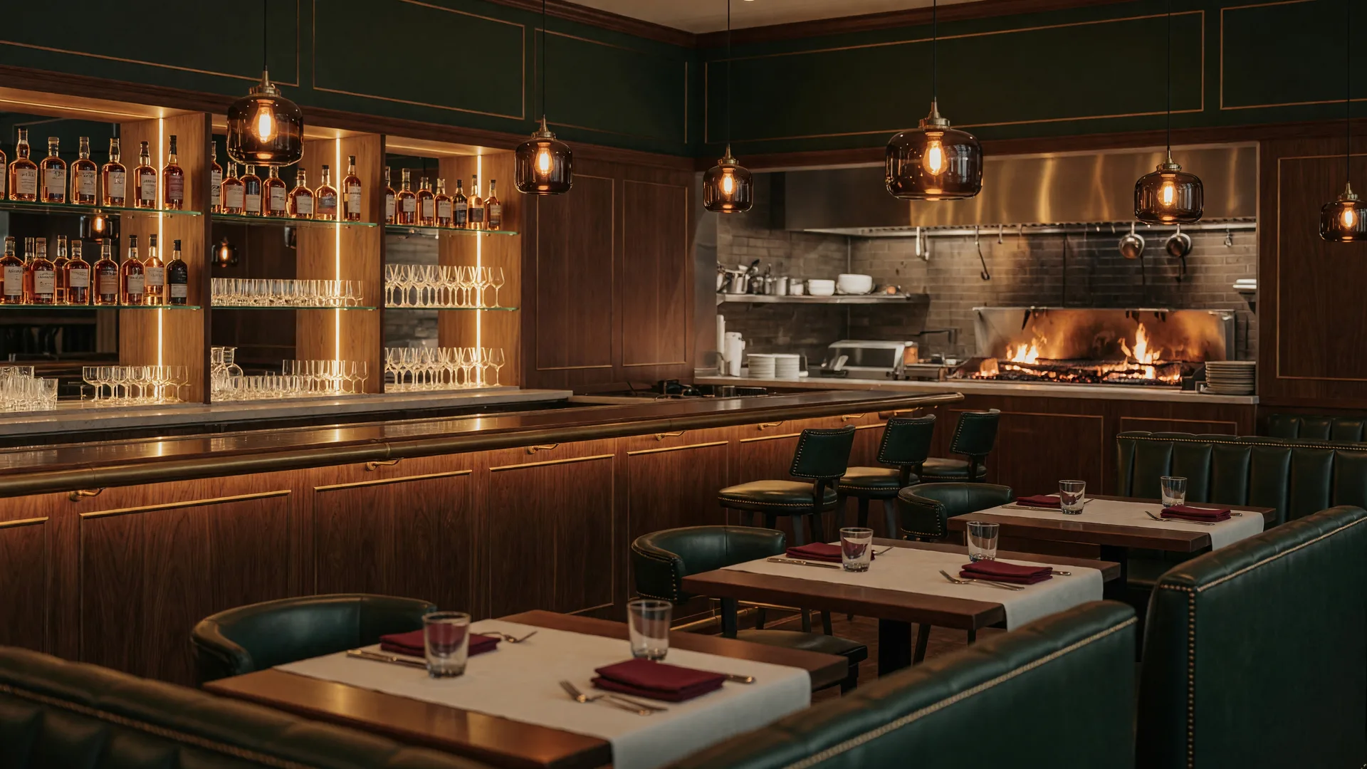A warm modern steakhouse dining room at Butcher & Thief in The Bend, Southwest Las Vegas, with amber pendant lights over dark wood tables, green leather booths, and an open kitchen grill