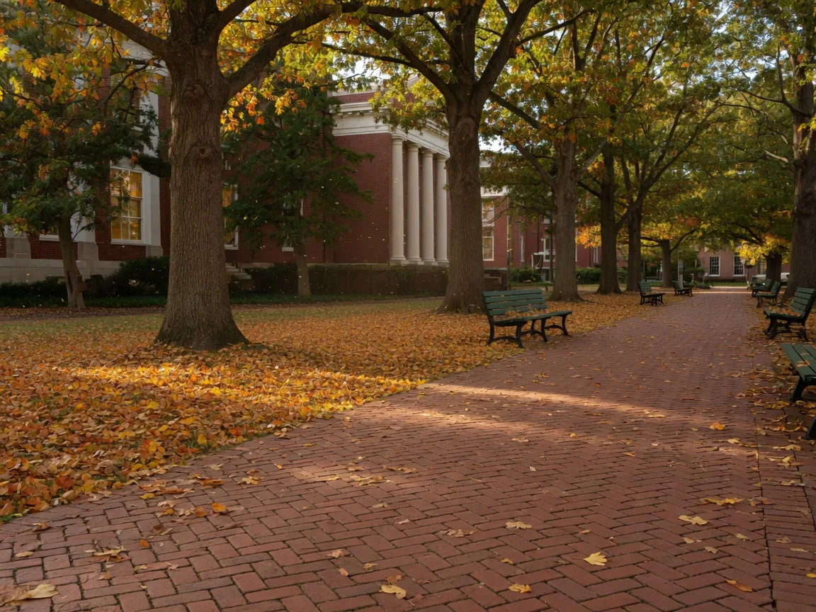 A brick walkway on a Southern university campus in early autumn, lined with mature oaks and benches, golden leaves on the path