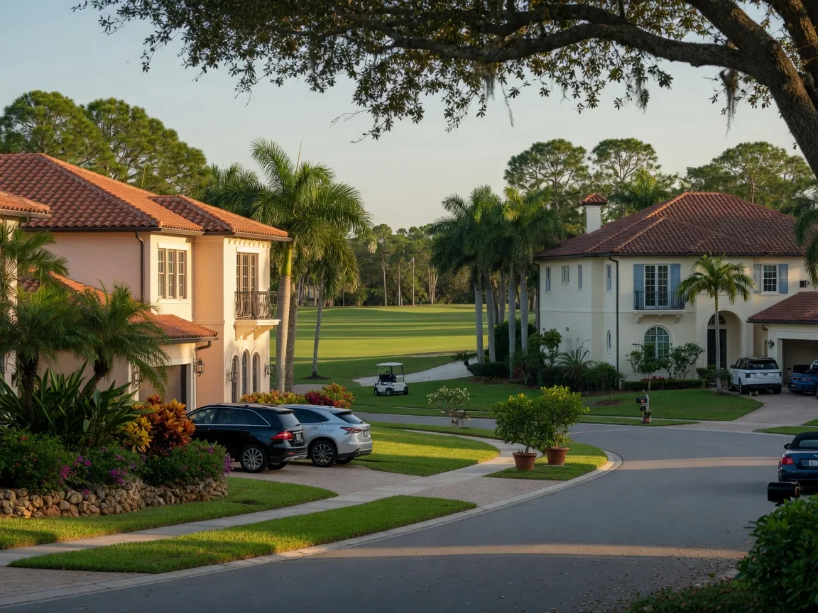 Mediterranean-style stucco homes with terracotta roofs on a tree-lined street in a Florida golf community, with the fairway visible between the houses at golden hour