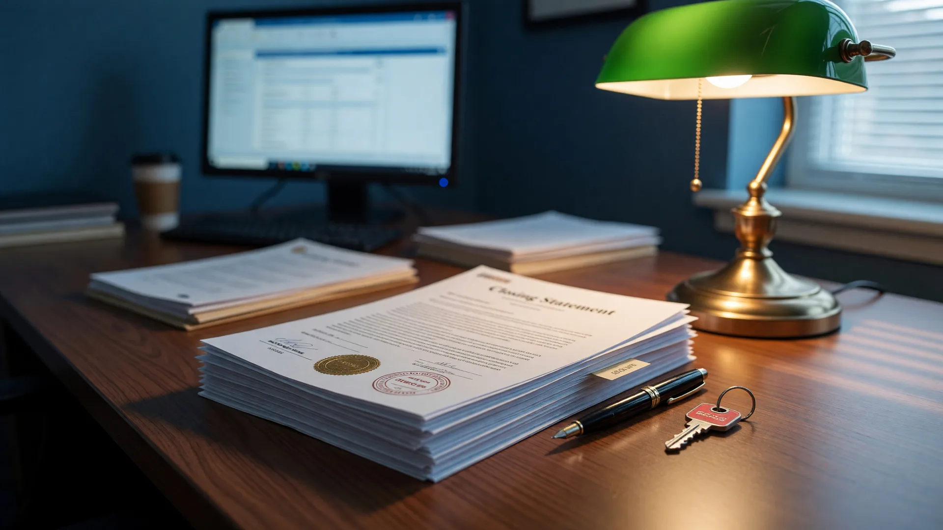 Closing desk with real estate documents, a fountain pen, and a house key under a banker's lamp