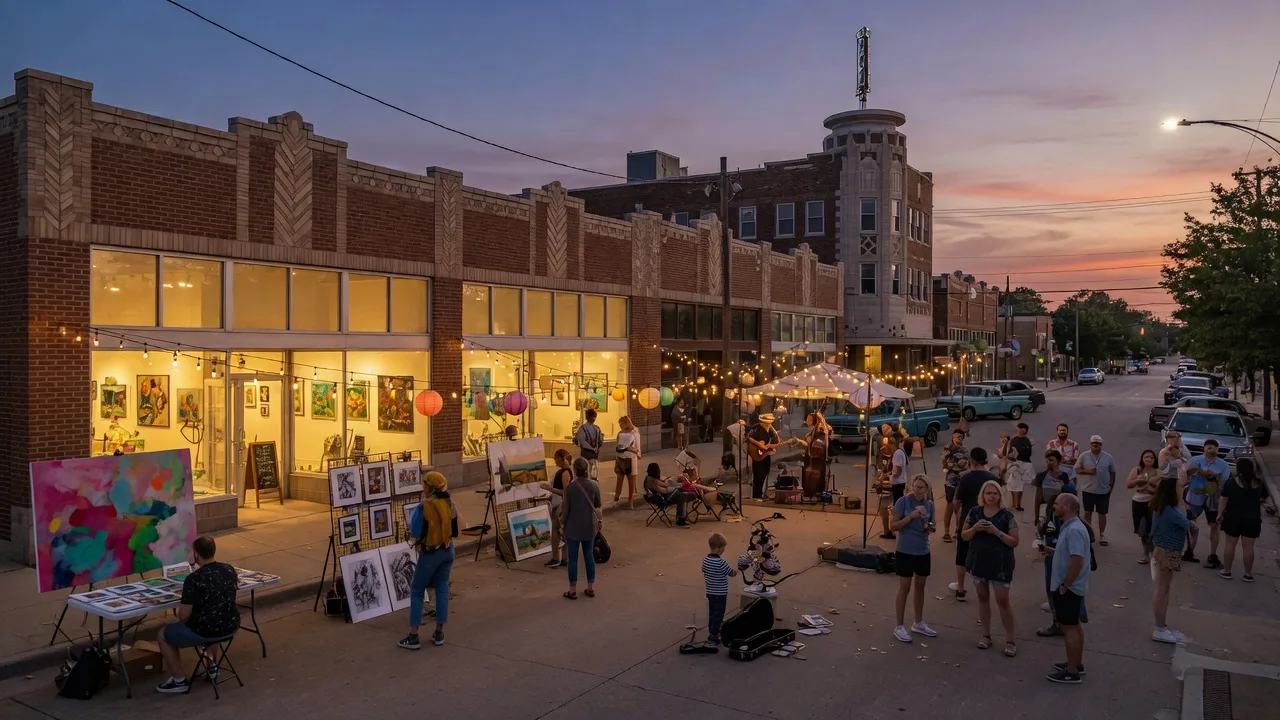 First Friday Art Crawl in the Tulsa Arts District with glowing galleries, local artists displaying paintings, and pedestrians browsing art under string lights in the Brady Arts District