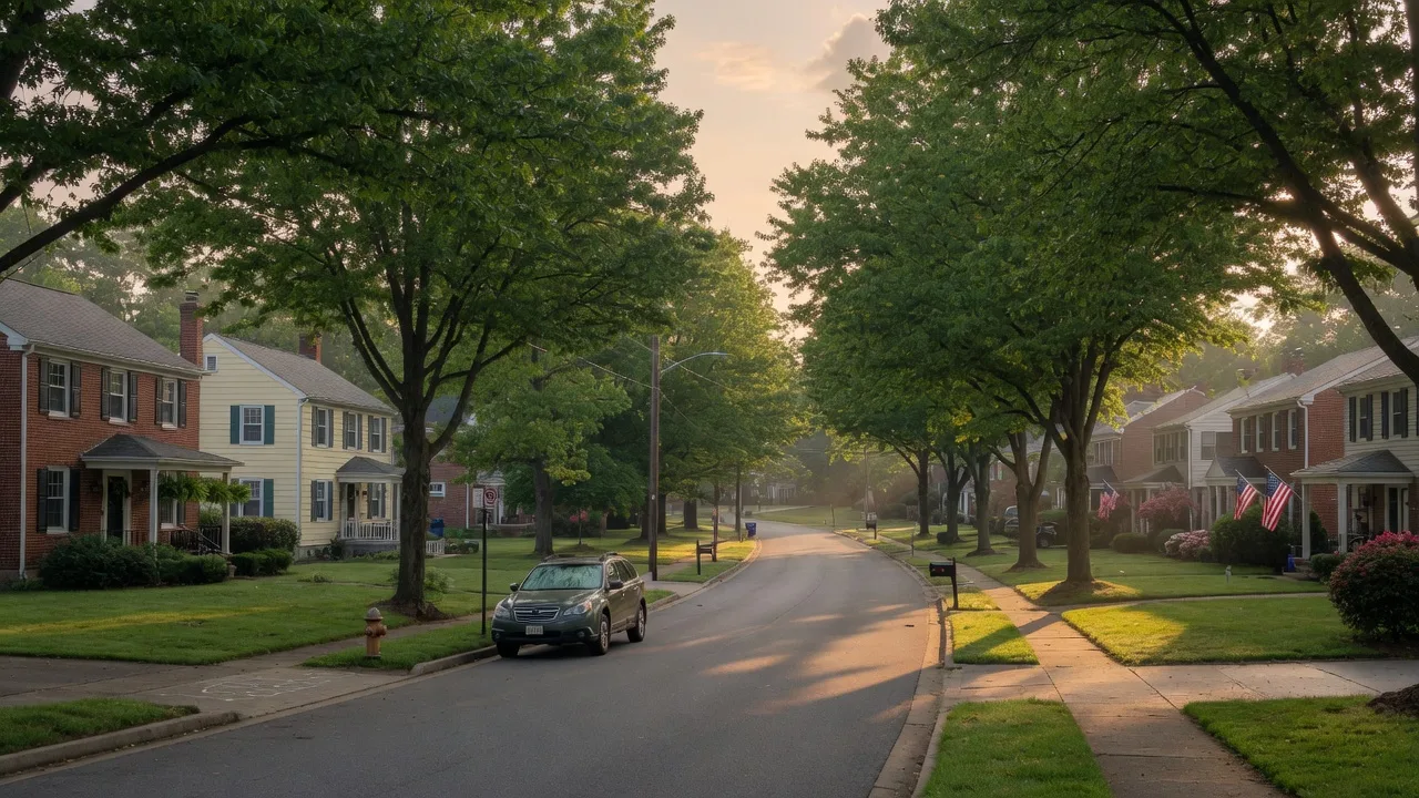 A tree-lined residential street in Montgomery County Maryland with brick and siding homes in soft morning light