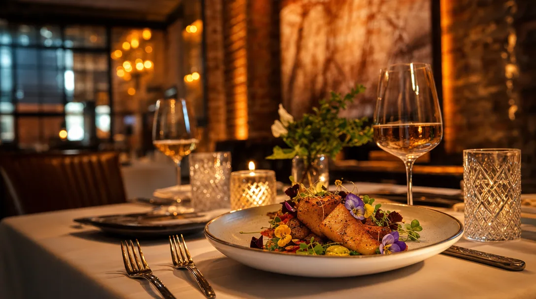 An elegantly plated fine dining dish with edible flowers and microgreens at a warm upscale Tulsa restaurant with candlelight and exposed brick
