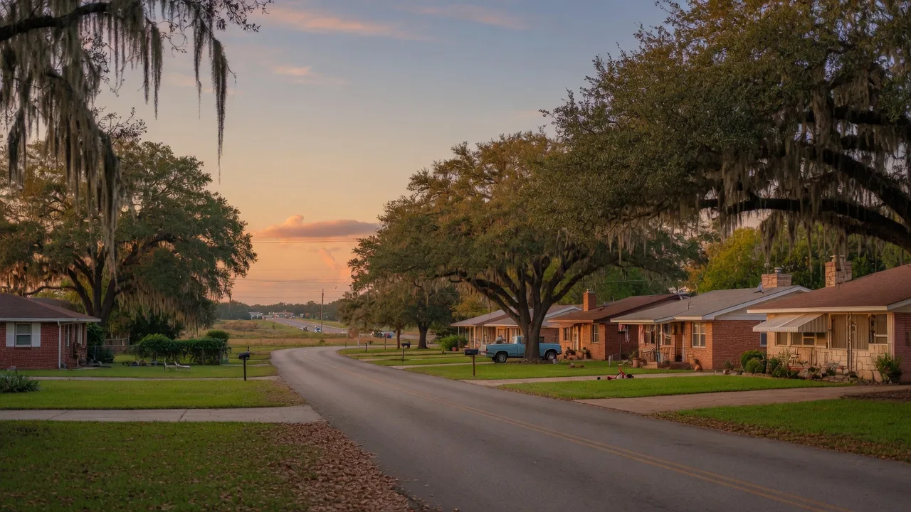 A quiet street of brick and stone homes in Brookshire, Texas at golden hour