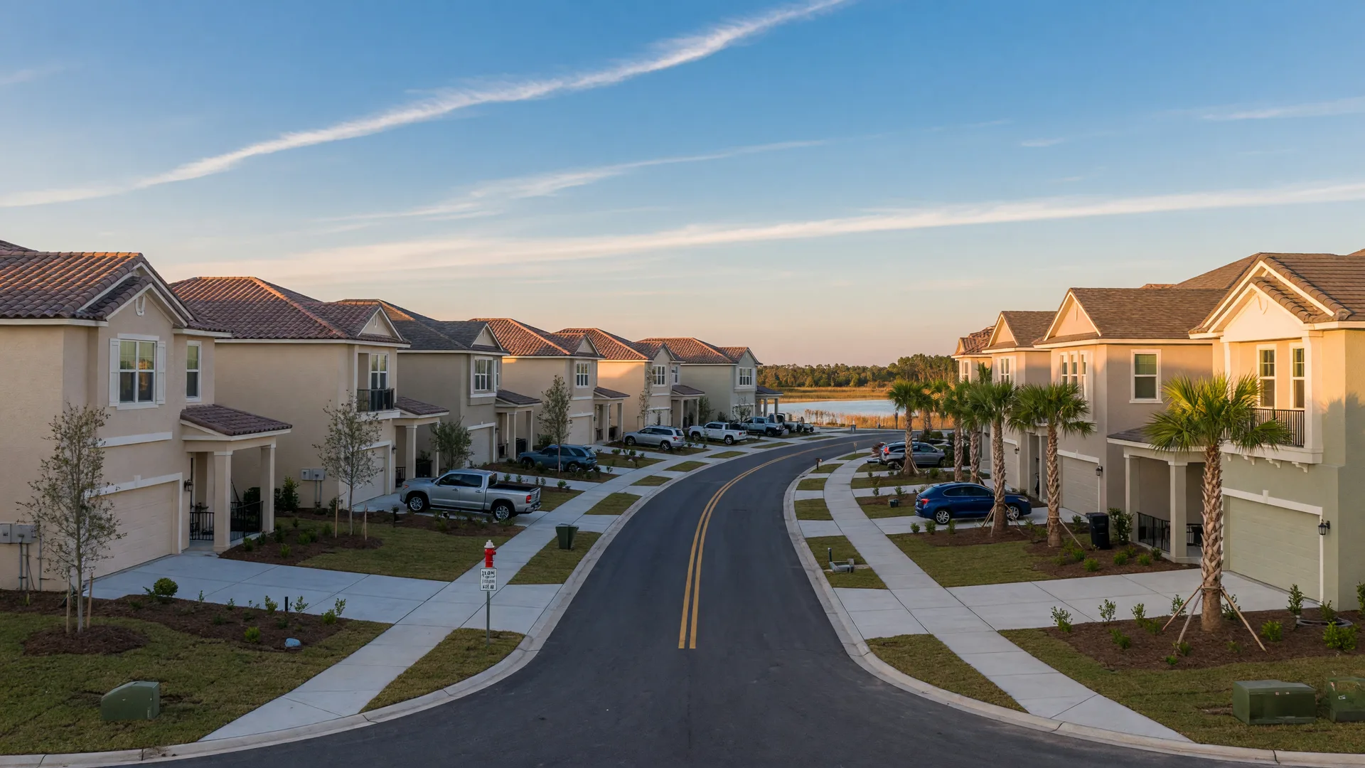 A late-afternoon view of new construction in northwest Apopka: two-story Florida homes with tile and shingle roofs, wide garages, young oak and palm landscaping, and a lake glimpsed between the houses.