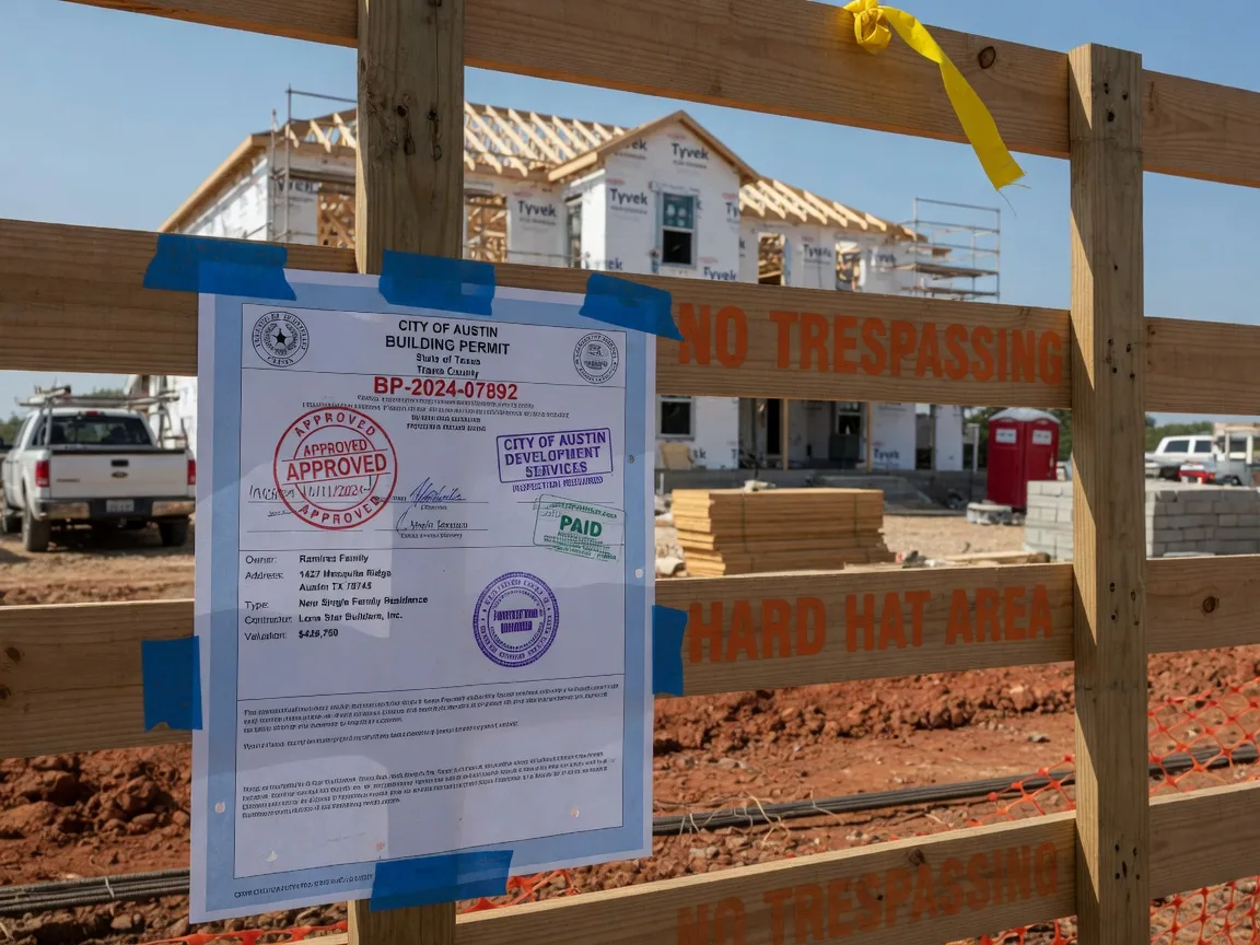 Building permit documents posted at a Texas construction site, representing the permitting process