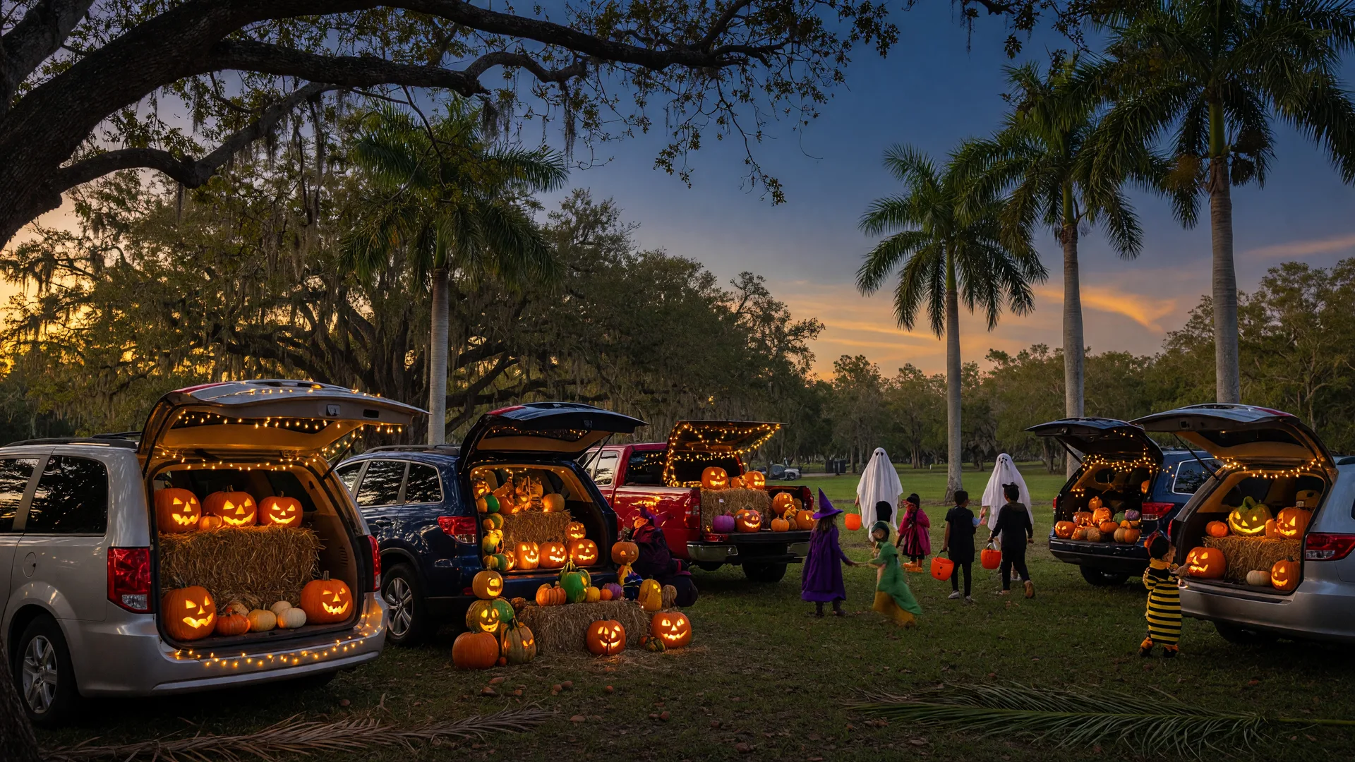 A family Halloween event at a South Florida park at dusk with decorated trunk-or-treat cars, carved pumpkins, hay bales, and string lights under royal palms