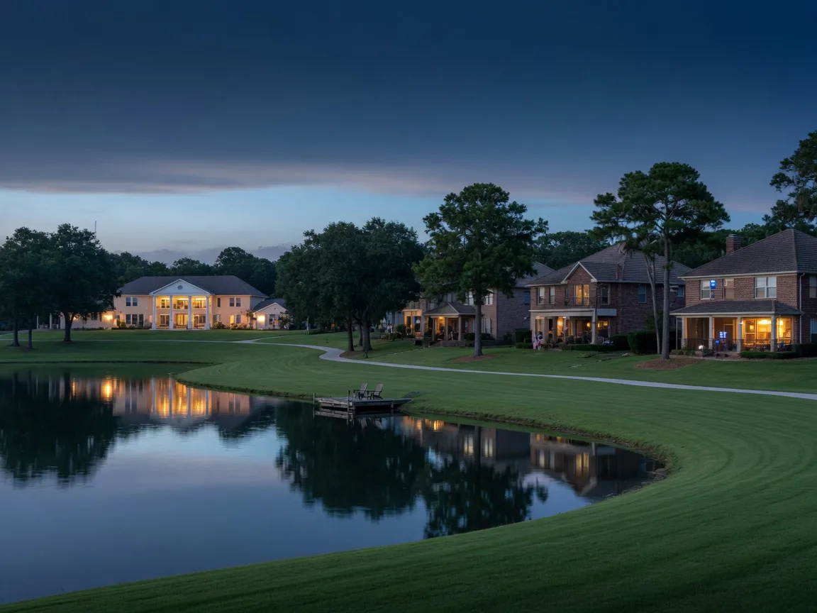 Homes along a golf fairway and lake at dusk in Cypress Lakes West, Cypress TX