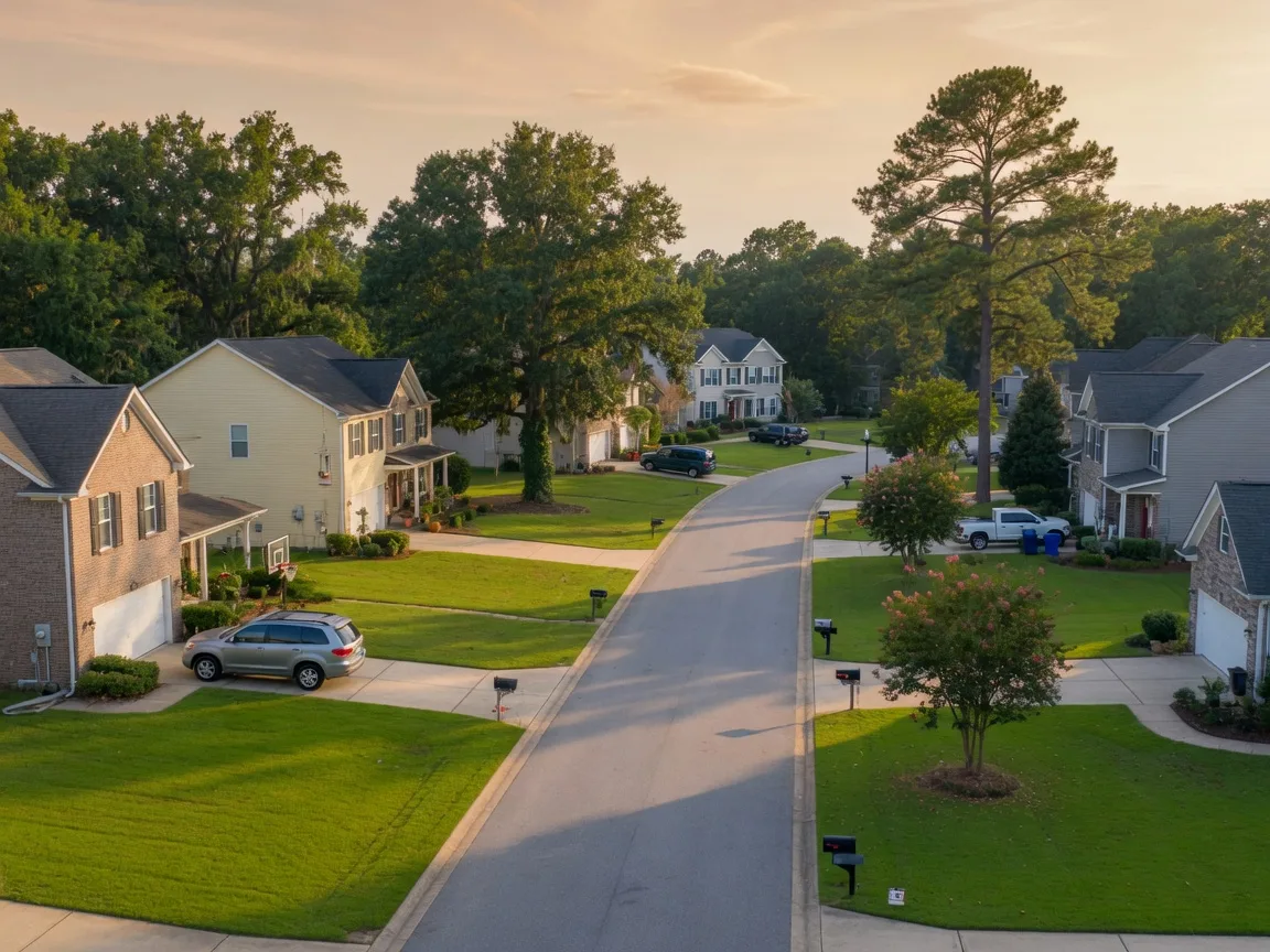 Established and newer single-family homes on a quiet Evans, Georgia residential street