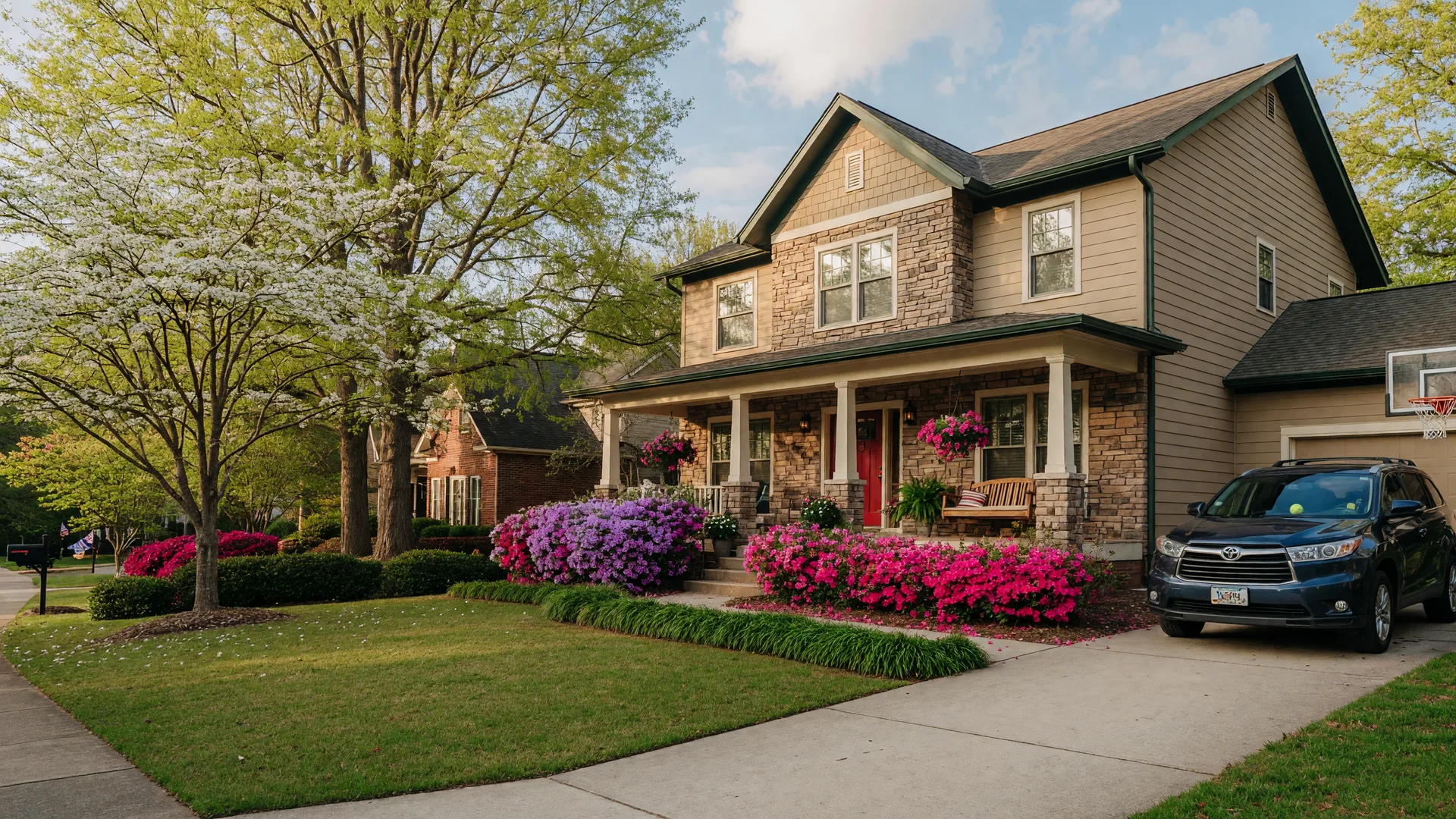Larger family home with blooming landscaping and a driveway in Northwest Metro Atlanta.