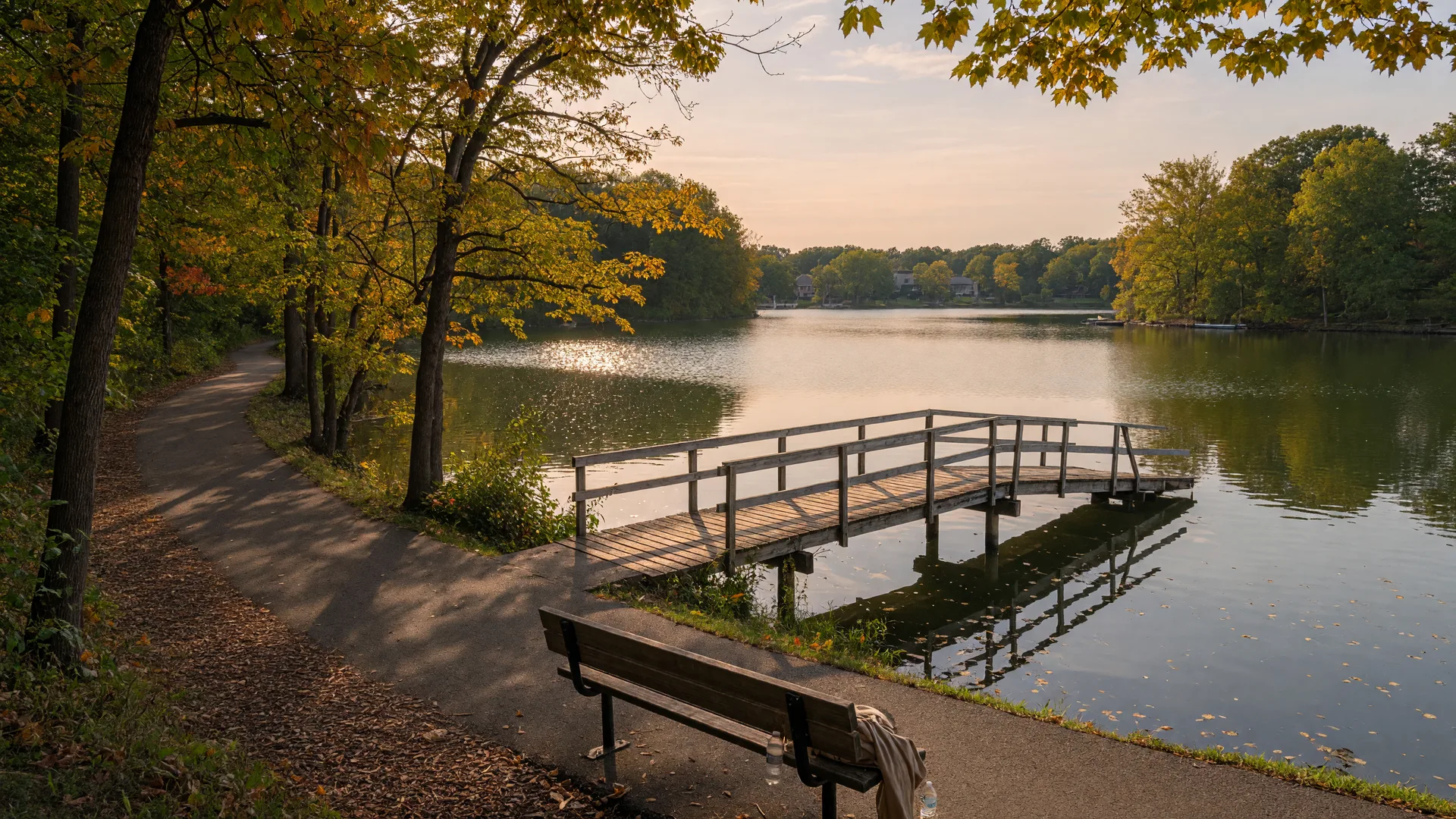 Serene lake with a tree-lined walking trail and wooden footbridge near Strawbridge Lake in Moorestown