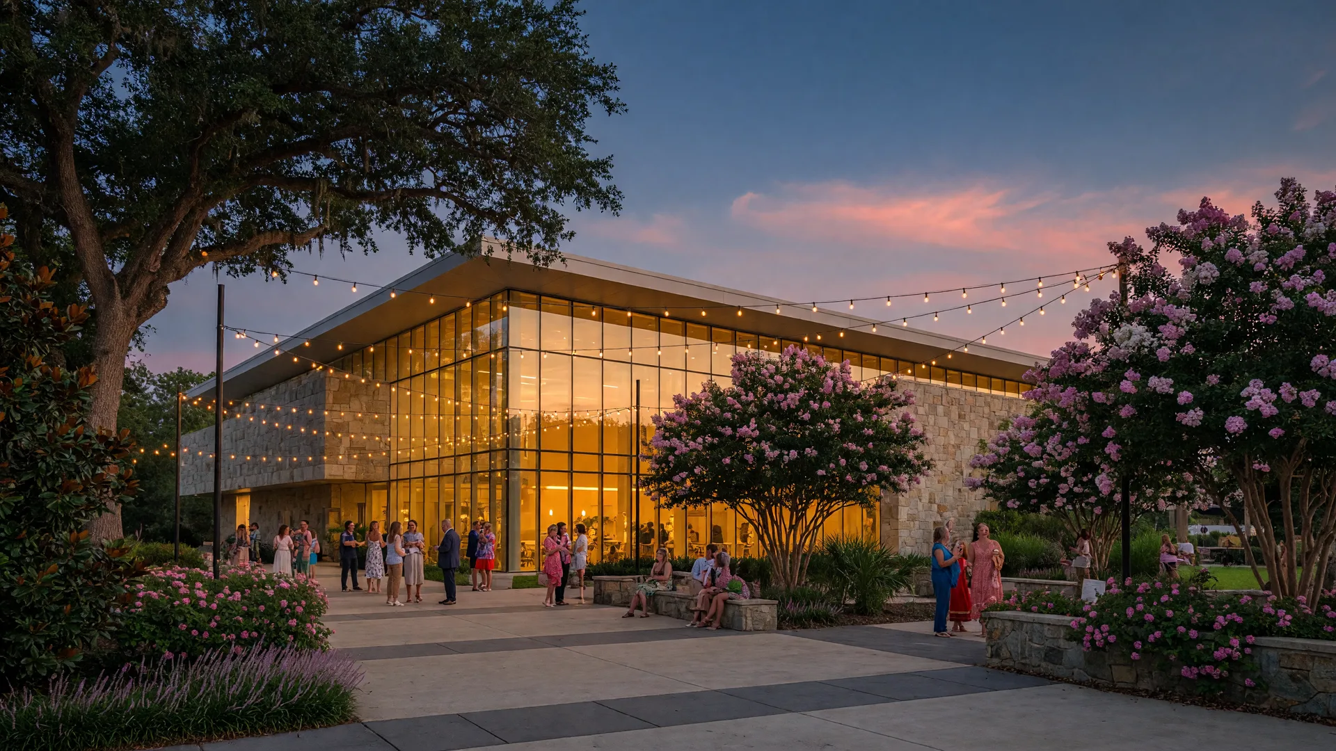 Cain Center for the Arts at golden hour with warm lighting and summer evening concert atmosphere