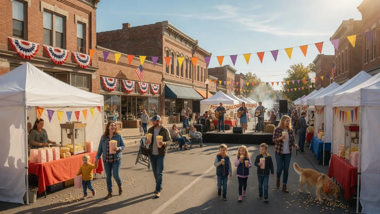 White vendor tents, colorful flags, and families with popcorn bags at a small-town fall festival on Main Street