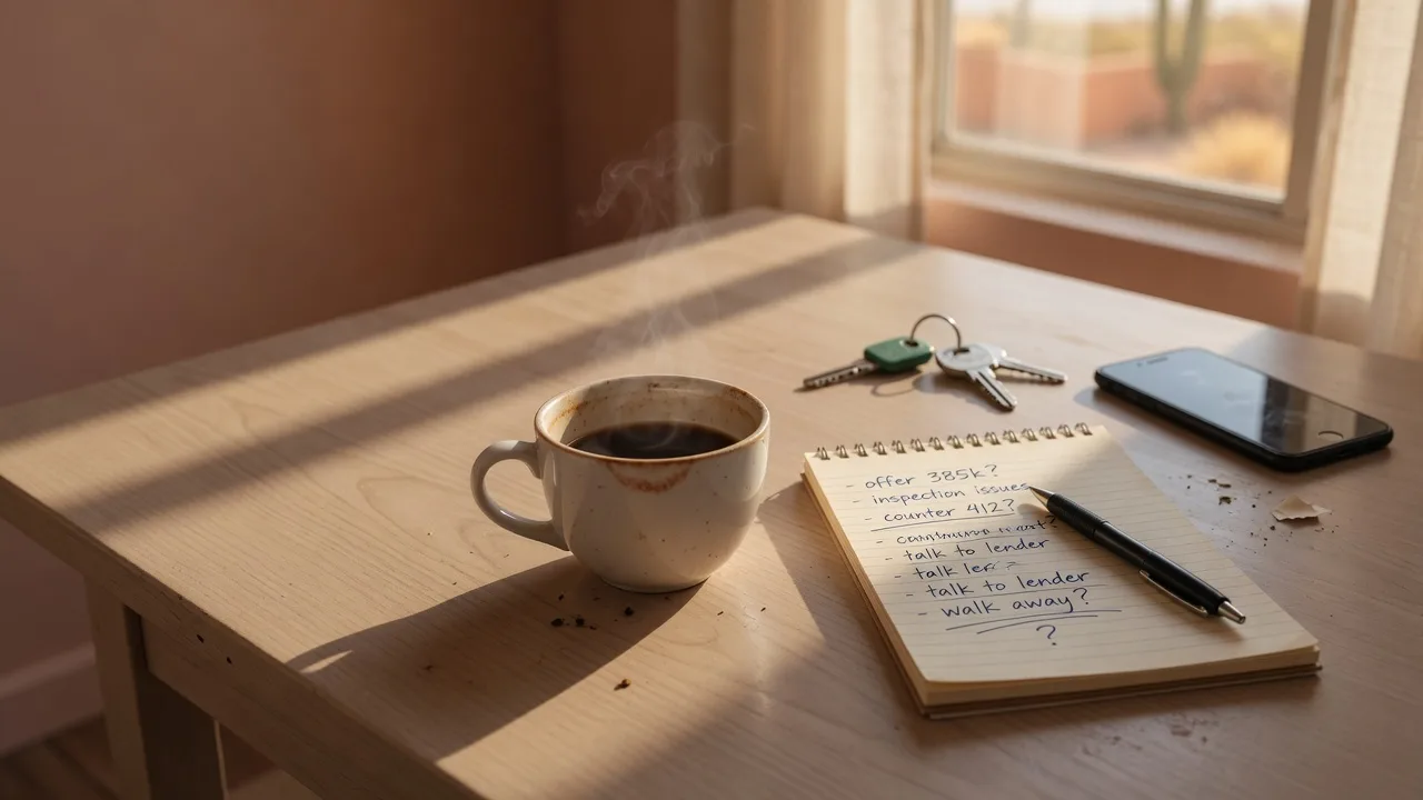 Kitchen table with coffee cup, notepad, key, and smartphone in warm Arizona desert morning light, reflecting a calm moment of decision-making