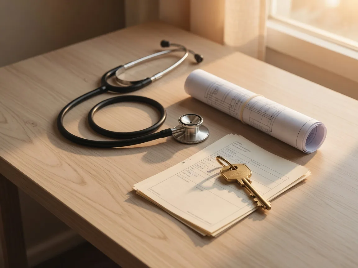 A stethoscope, rolled house blueprints, and a brass house key on a desk in warm afternoon light