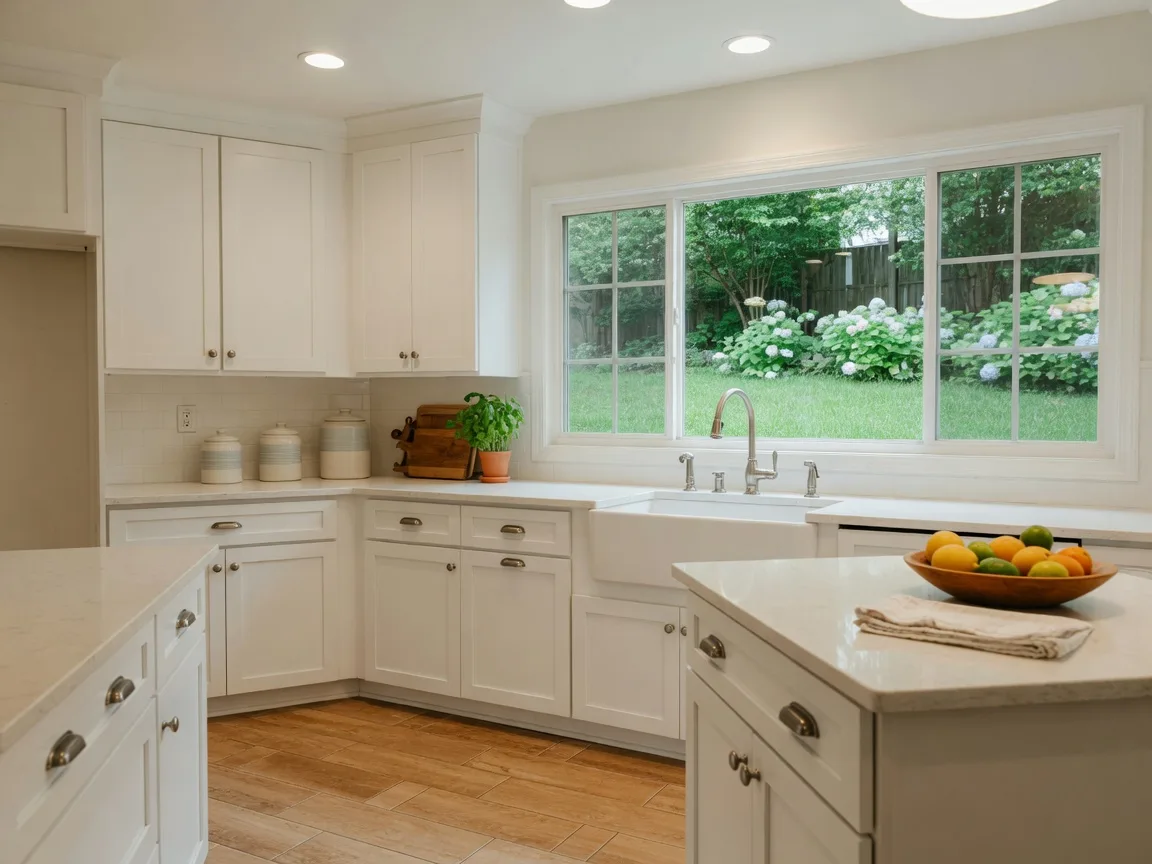 Remodeled kitchen with white shaker cabinets, light quartz counters, and a farmhouse sink in a Tulsa-area home