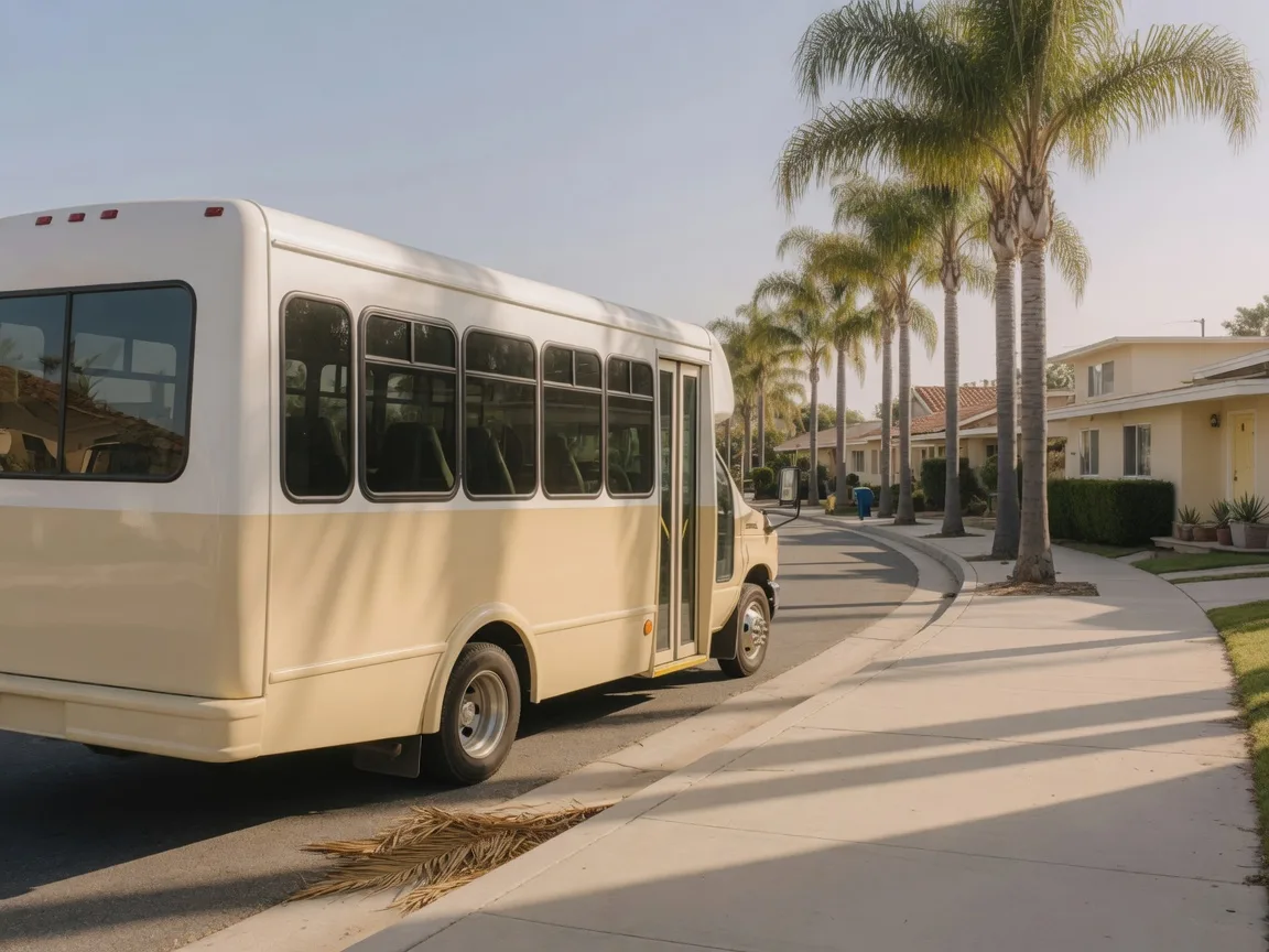 Modern cream-and-white public shuttle bus on a tree-lined sunny Southern California street