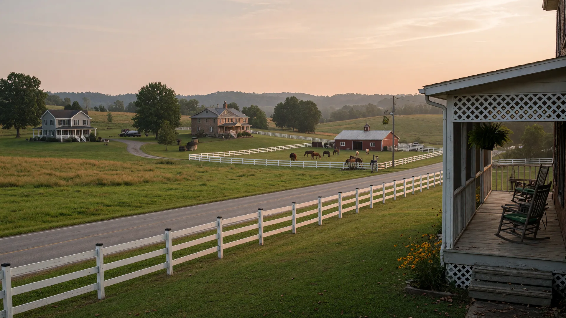 Custom homes on acreage tucked between horse farms along a quiet two-lane road near Alvaton, Kentucky at golden hour