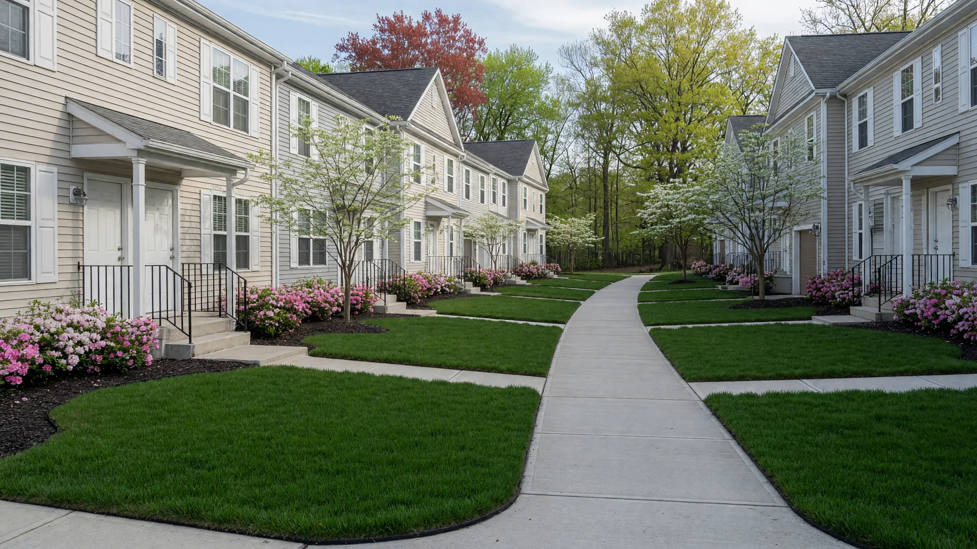 Tidy, well-maintained townhome community in South Jersey with landscaped common lawns and a paved walkway
