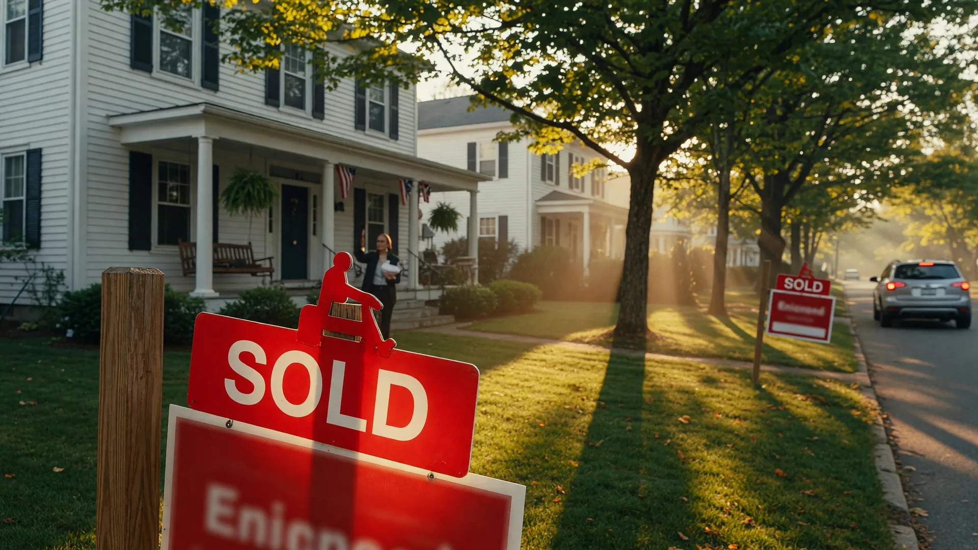 Sold sign in front of a charming colonial home on a tree-lined street in golden morning light