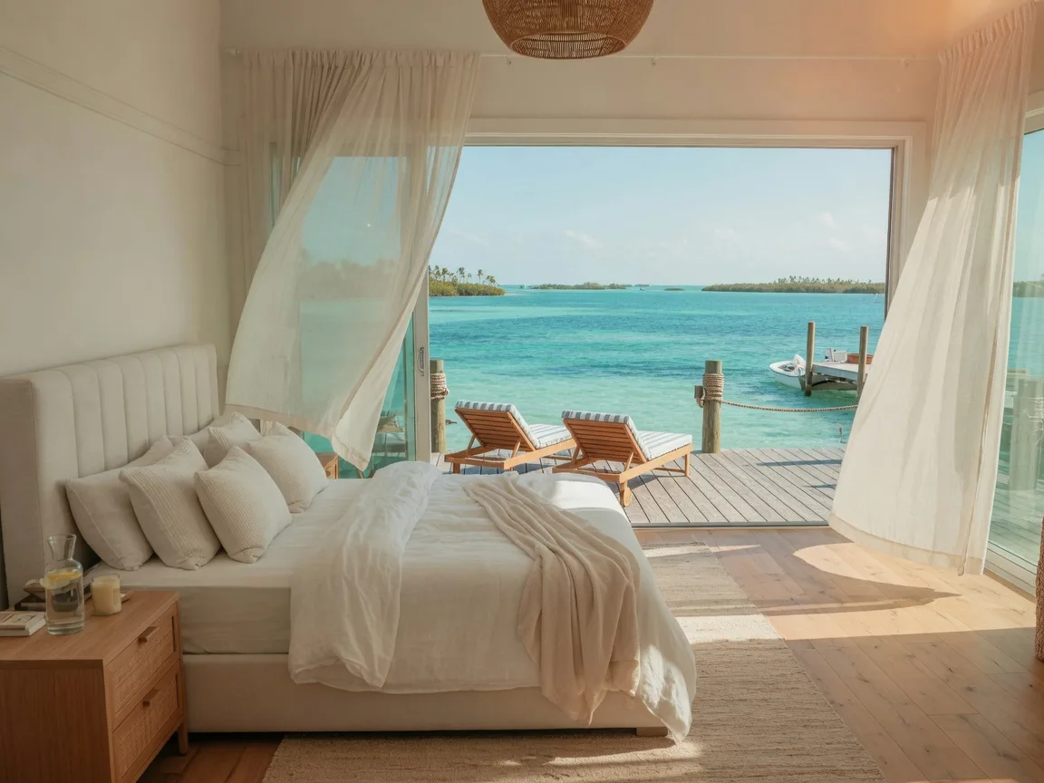Luxurious master bedroom suite in a Florida Keys waterfront home with floor-to-ceiling impact glass sliding doors opening to a private deck overlooking turquoise water, neutral tones and natural light