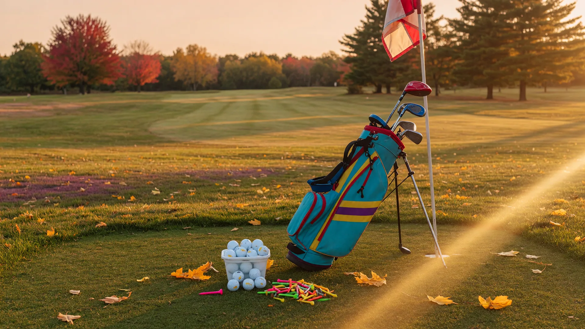 Junior-sized golf clubs and colorful tees resting beside a flagstick on a New England fairway at golden hour in late September