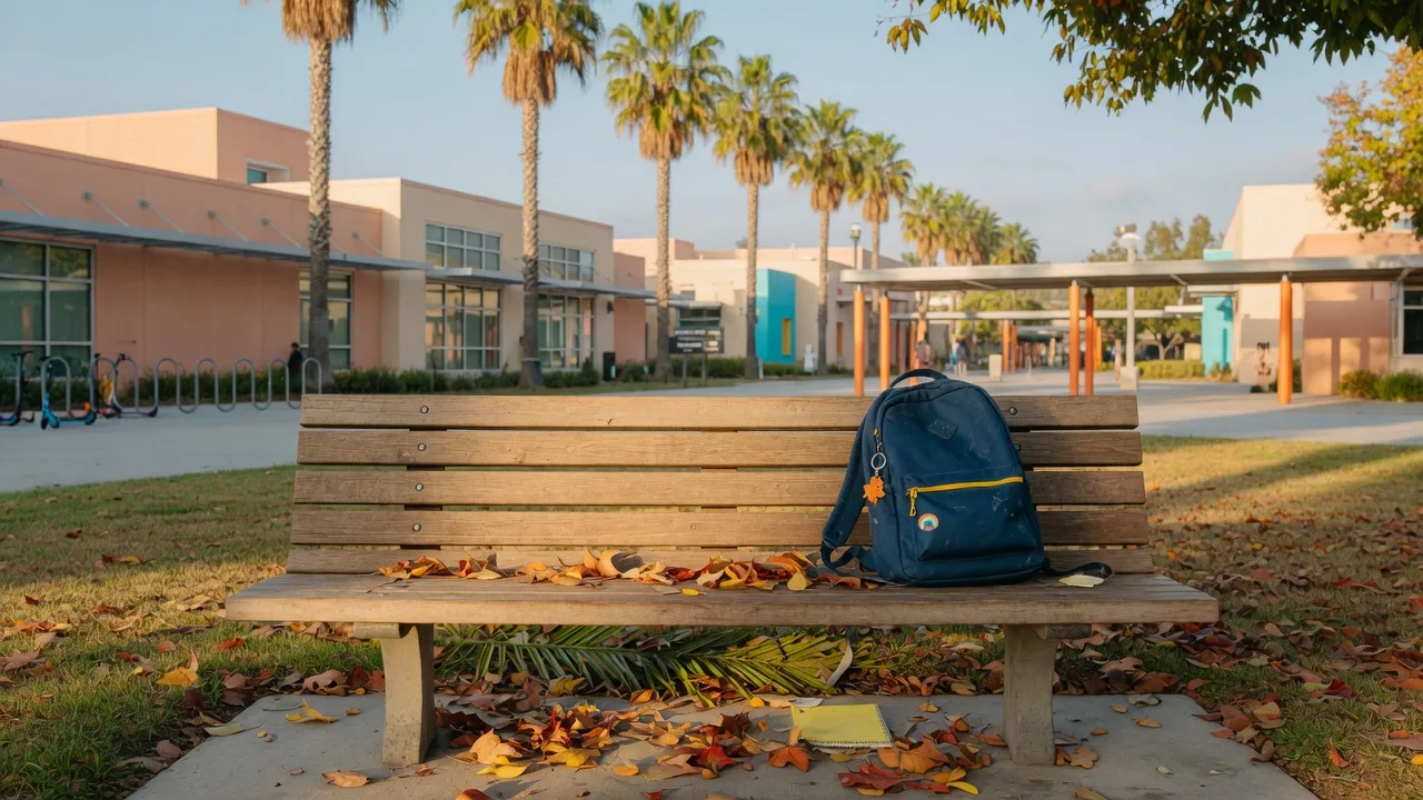 Backpack on a park bench at a sunny Southern California school campus with palm trees in the background