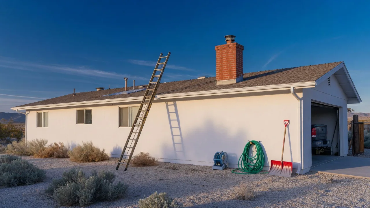 A Nevada home's roofline and chimney against a crisp blue sky, with a ladder leaning at the gutter and a hose and snow shovel by the garage.