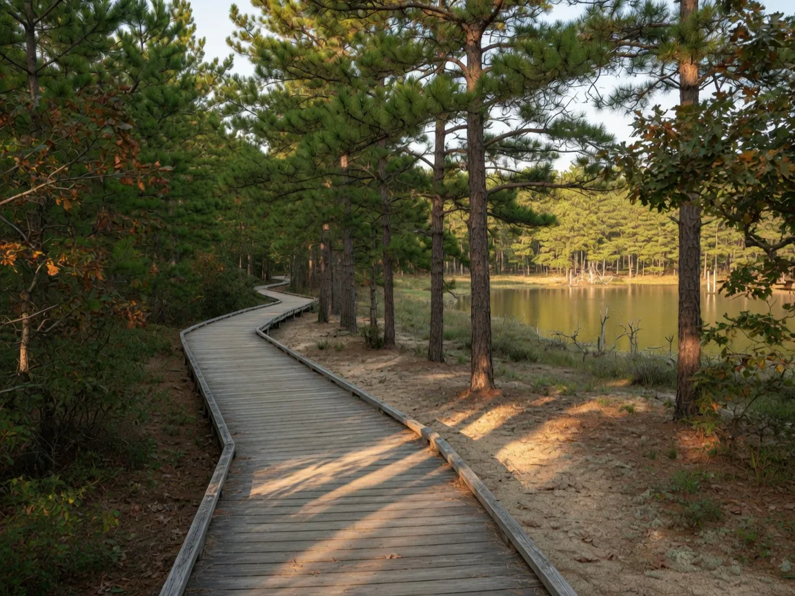 Wooden boardwalk trail through the coastal pine barrens near Egg Harbor Township