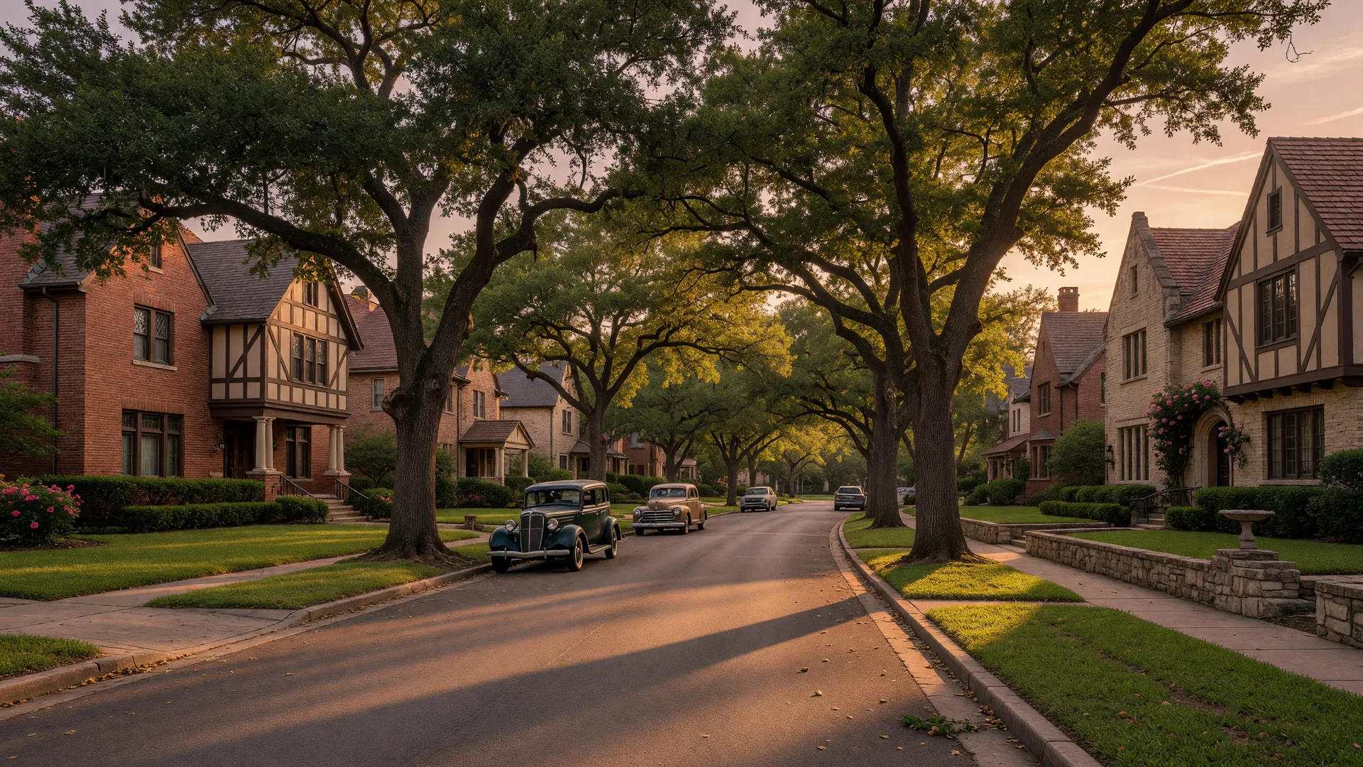 Tree-lined street of 1930s brick and Tudor homes in Alamo Heights, a classic San Antonio real estate address, at golden hour