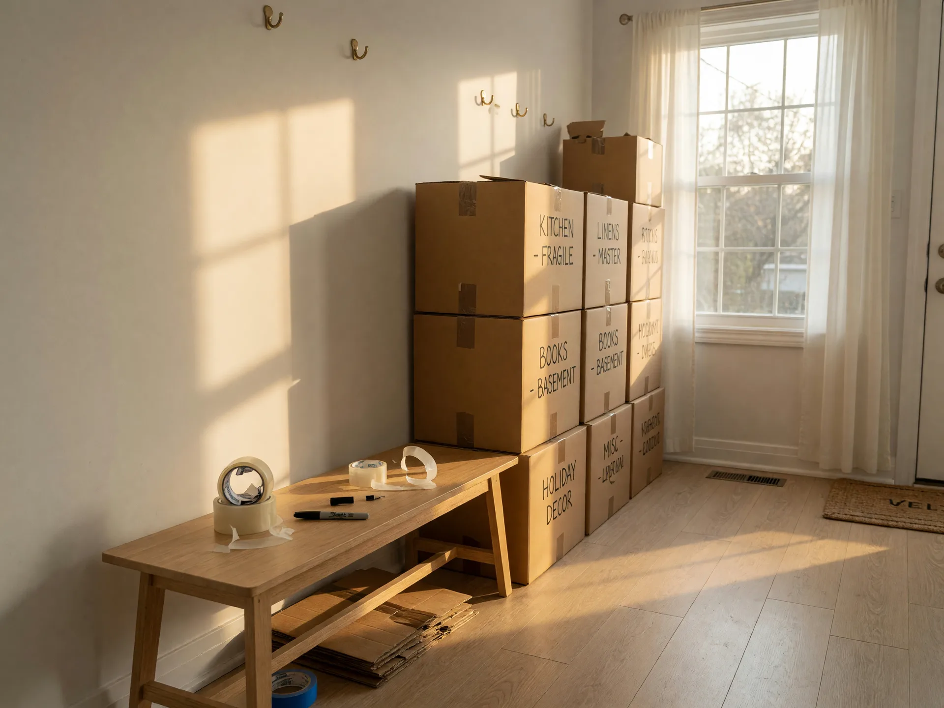 An organized moving scene in the bright entry hall of a small Ontario home, with neatly stacked labelled cardboard boxes along a clean white wall, packing tape and a marker on a wooden bench, and warm afternoon light from a front window