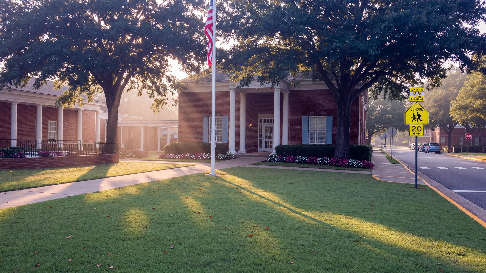 Public elementary school campus in suburban South Carolina with red brick buildings, white columns, and large oak trees
