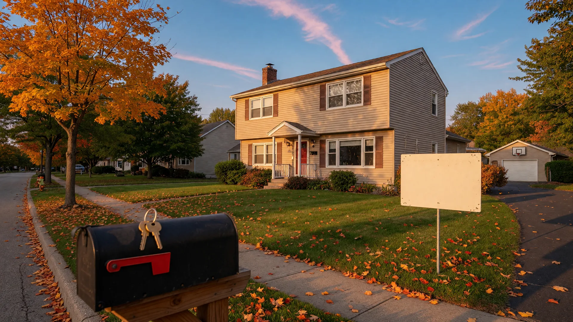 A two-story Mid-Michigan home on a tree-lined street in October at golden hour with a real estate sign near the driveway and turning maple leaves