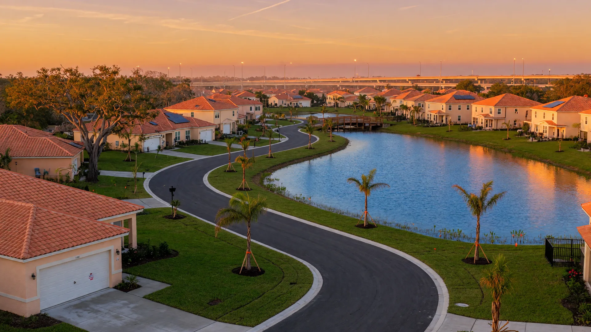 A golden-hour view of new Kissimmee homes: fresh stucco and tile-roofed houses along a curving street, young palms, a sunlit retention pond, live oaks, and a hazy horizon toward the Turnpike corridor.