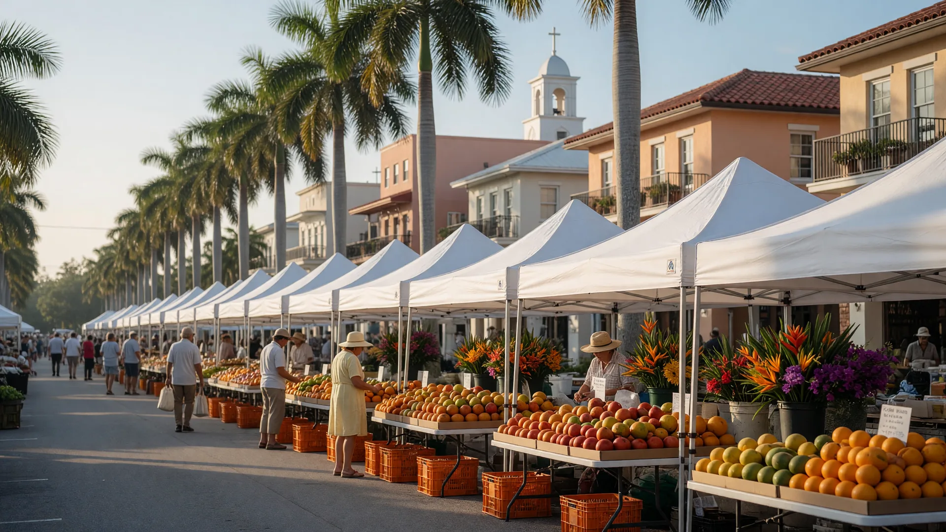 The Third Street South Farmers Market in Old Naples on a Saturday morning with white vendor tents along a palm-lined street