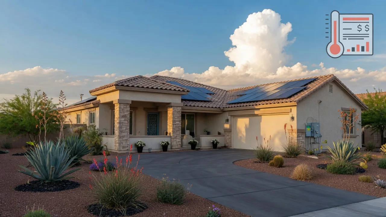 Modern Southwest Las Vegas home with solar panels and desert landscaping under a dramatic Nevada sky