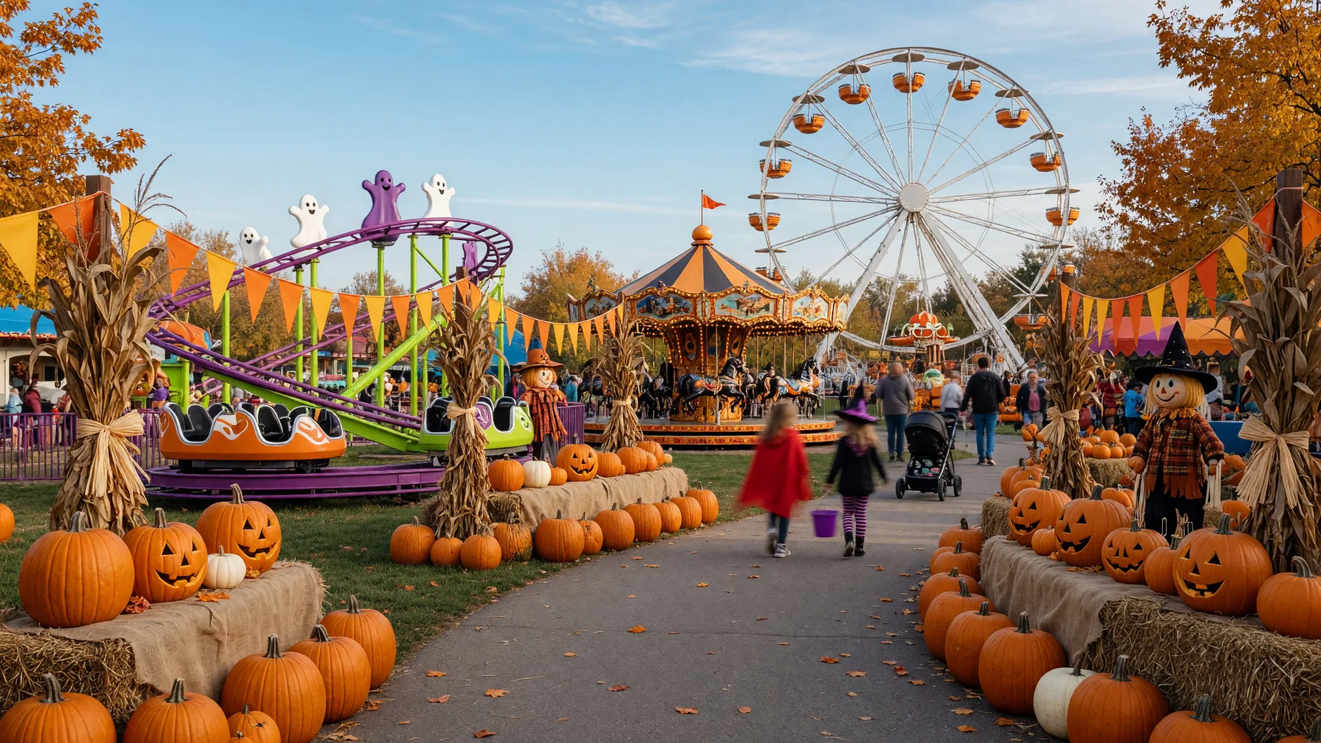 A bright daytime family Halloween celebration at a theme park with a pumpkin-lined trick-or-treat trail, harvest decor, and colorful kid-friendly rides